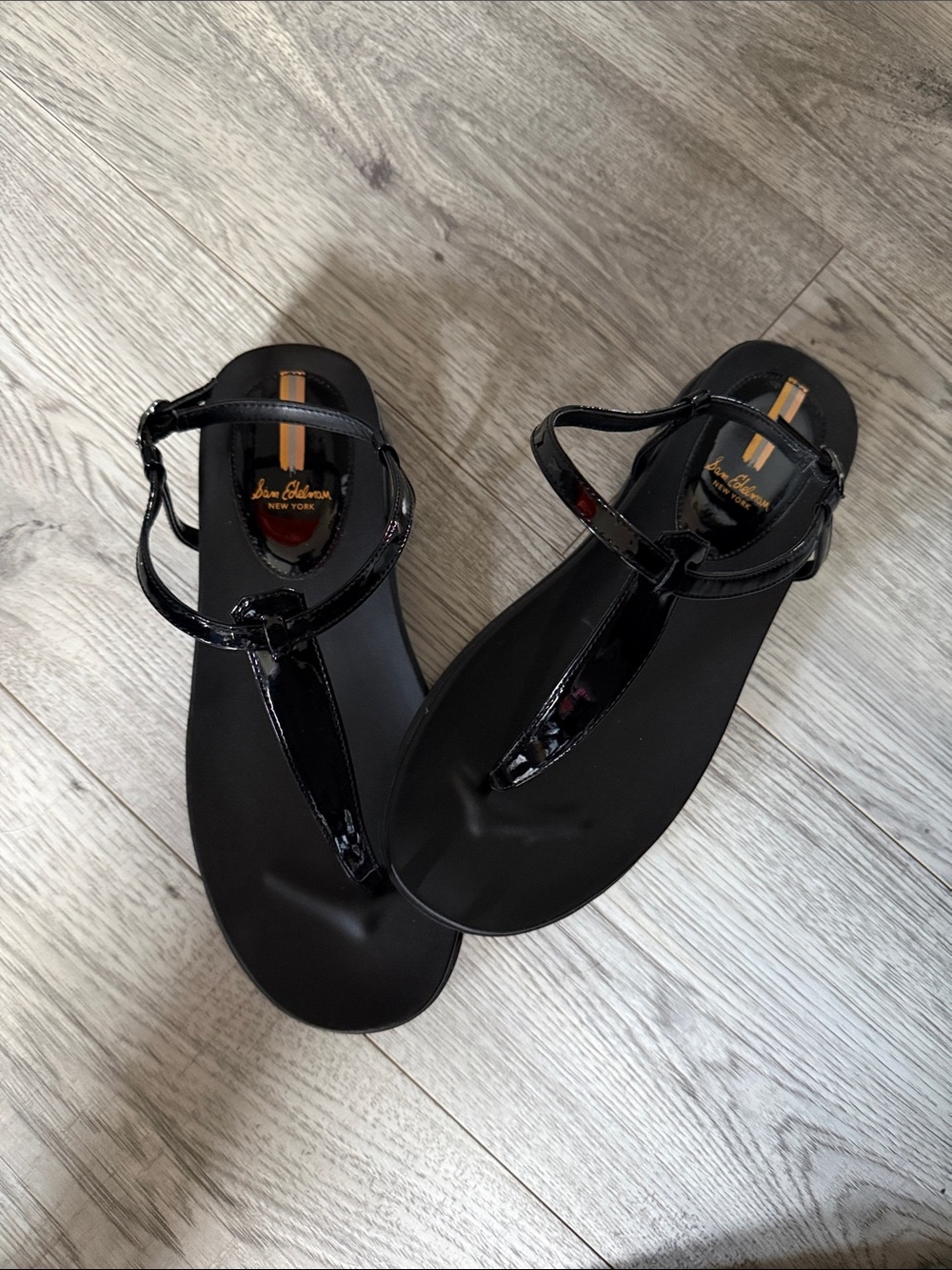 Sam Edelman Black Patent T-Strap Flat Sandals